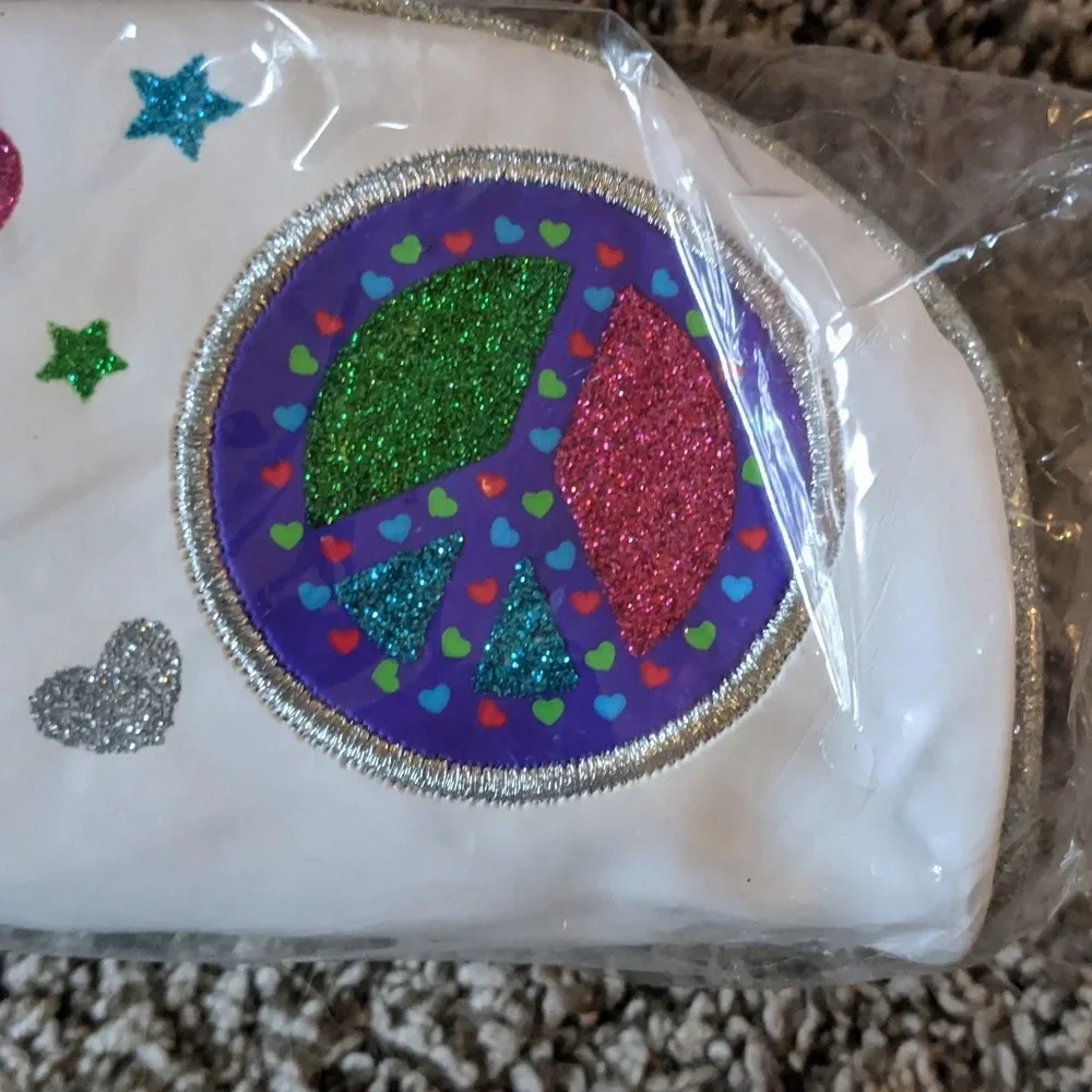 VTG Justice Girl Pencil Pouch Wristlet Case Zip Glitter Peace Love Heart New